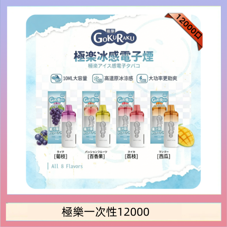 【8種口味】極楽 12000口一次性電子煙|超大容量 |口感絲滑|新品